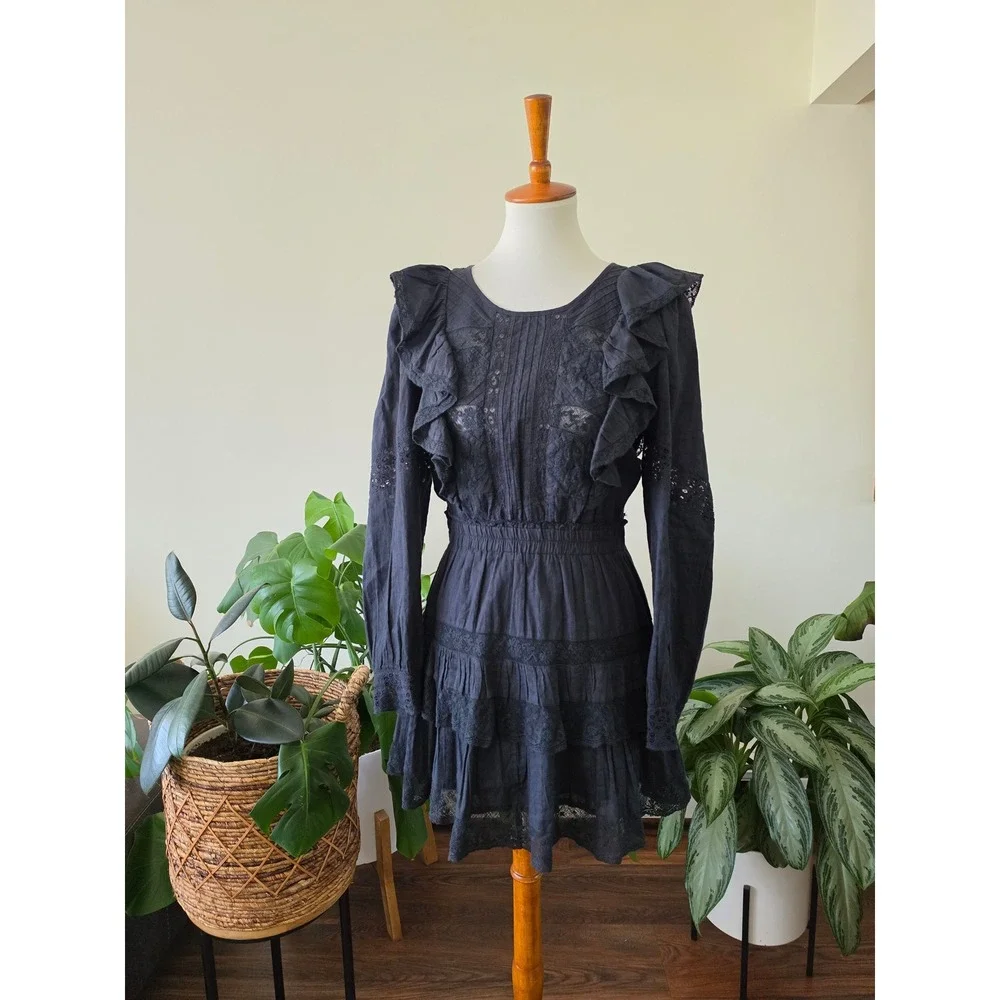 LoveShackFancy Black Lace Ruffle Mini Dress Long Sleeve Tiered Boho Womens Sz M - Picture 2 of 14